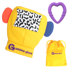 Load image into Gallery viewer, gummee glove teething mitten for babies teething ring set with silicone baby teether with detachable heart teether and laundry / travel bag