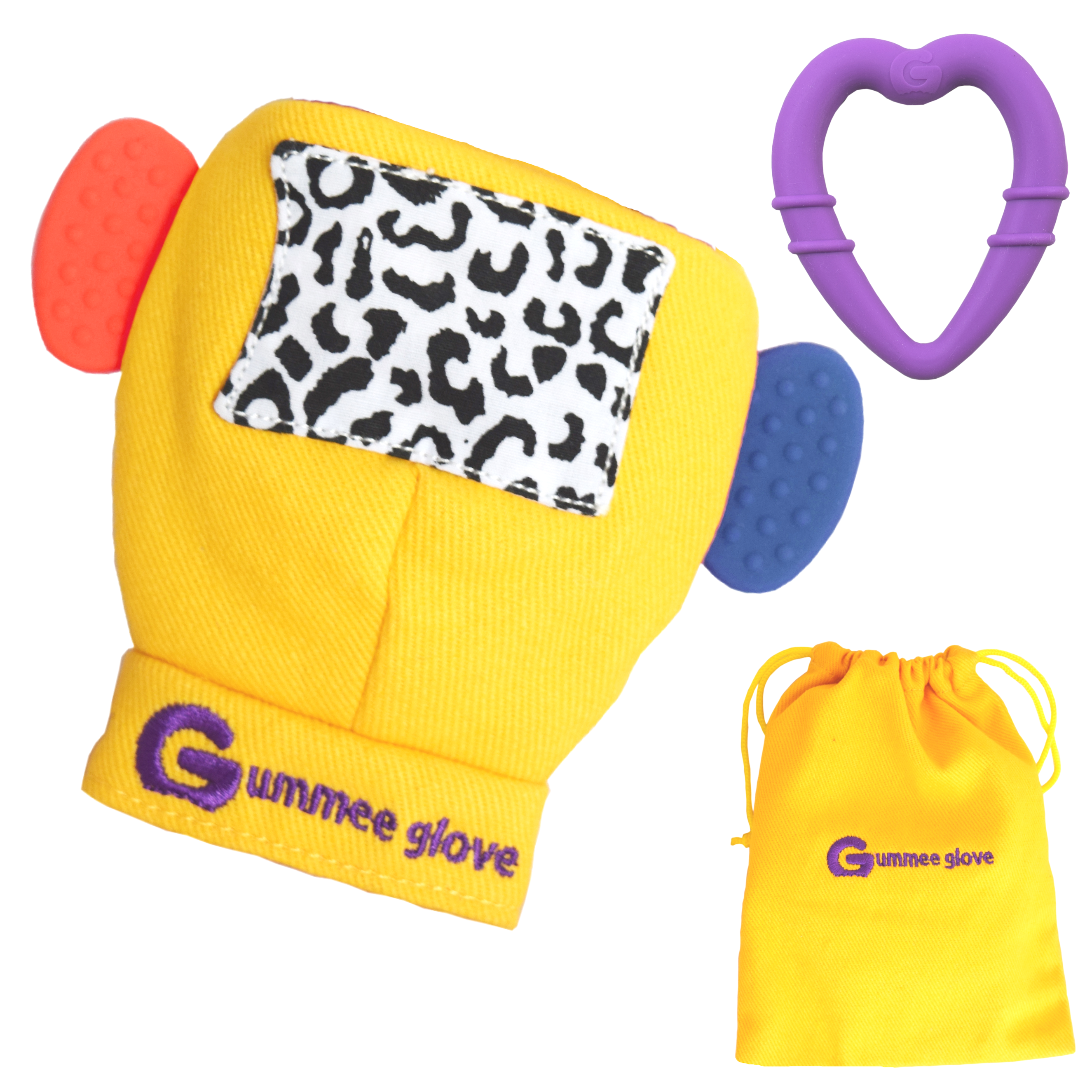 gummee glove teething mitten for babies teething ring set with silicone baby teether with detachable heart teether and laundry / travel bag