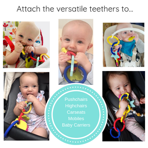 teething links for pushchairs, highchairs, car seats and shopping trollies