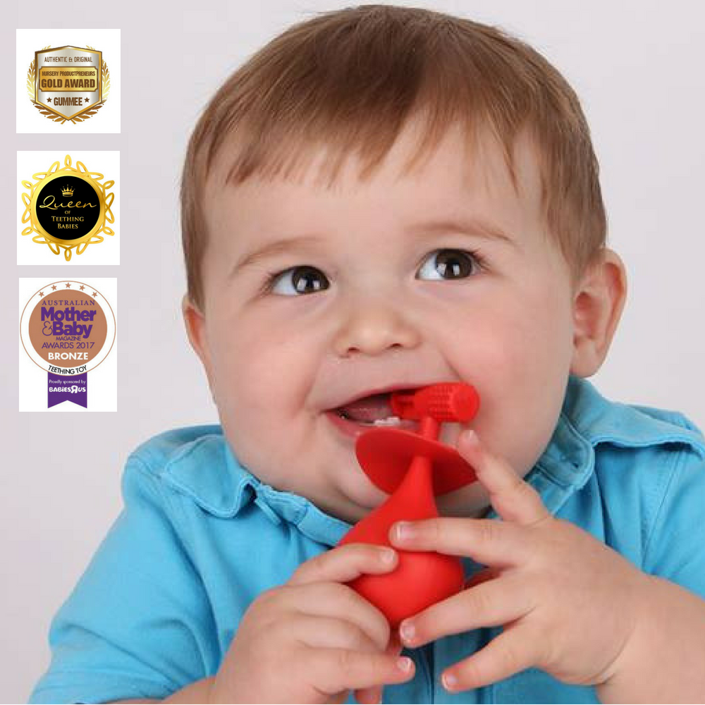 molar teether back teeth teething toy hygienically designed with wobble base in use
