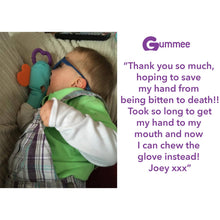 Load image into Gallery viewer, Gummee mouthing gloves for additional / special needs for any child that bites their hands testimonial