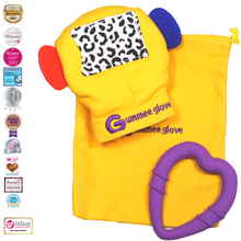 Load image into Gallery viewer, gummee glove teething mitten for babies teething ring set with silicone baby teether with detachable heart teether and laundry / travel bag