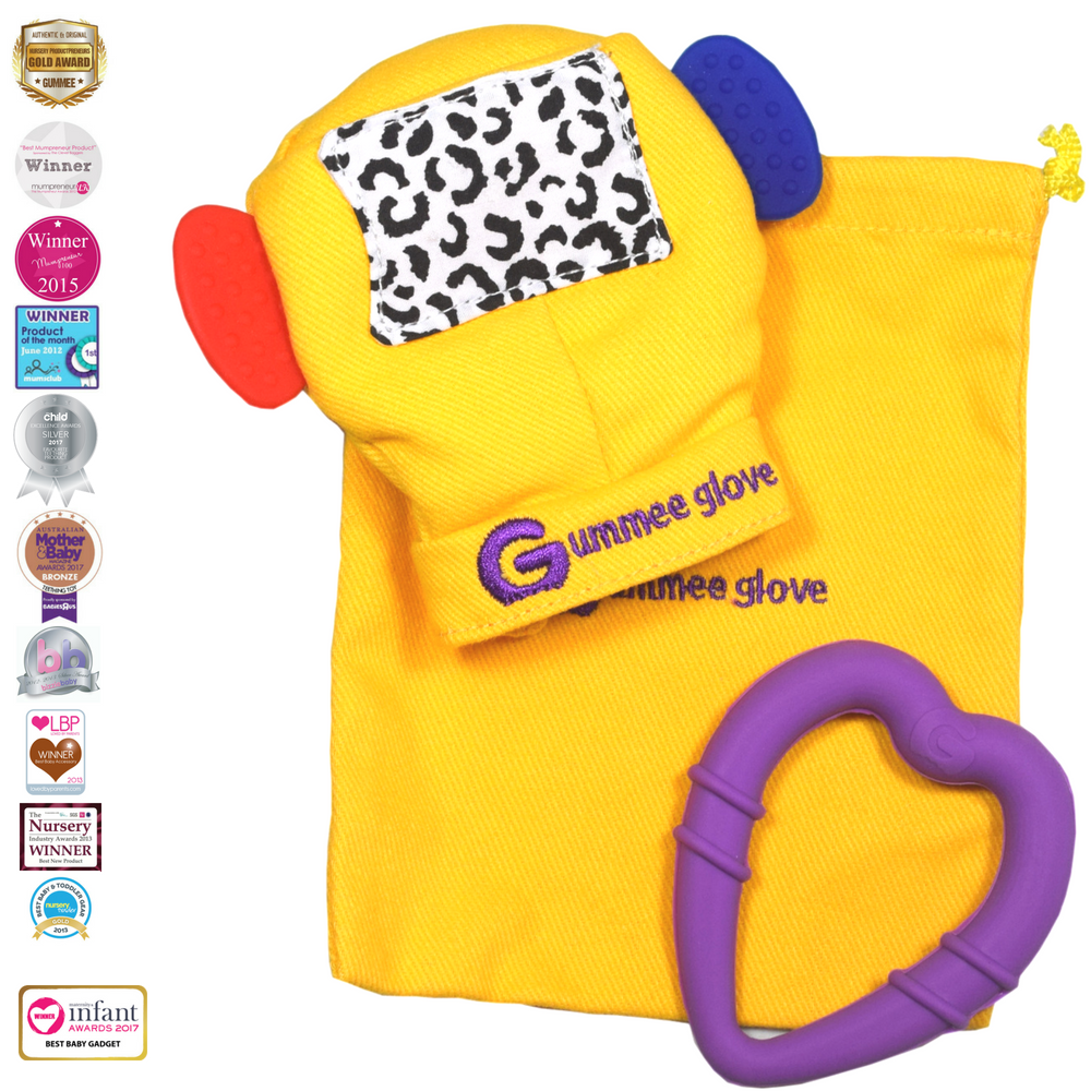 gummee glove teething mitten for babies teething ring set with silicone baby teether with detachable heart teether and laundry / travel bag